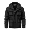 Detachable windproof hooded jacket, men's casual waterproof multi bag cargo jacket vest suitable for outdoor activities