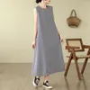 Casual Dresses Cotton And Linen Plaid Long Tank For Women Summer Female O Neck Sleeveless Large Size Elegant Beach Slim Vestidos