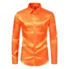 Chemise à visage brillant, vêtements pour hommes à manches LG d'automne et d'hiver, style discothèque en satin, tendance de couleur unie, tendance pour hommes Q4Wf #