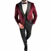 Costumes pour hommes haut de gamme Burdy Ensemble complet plat à un bouton à simple boutonnage à revers 3 pièces Veste Pantalon Gilet Skinny Blazer 2024 q6OA #