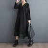 Casual Dresses Korea Style V-ringning Print Floral Patchwork Chic Girl's Oregelbundna Autumn Black Dress Street Fashion Women Spring Midi