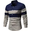 2023 Nya FI Men Colorblock randig skjorta 100% polyester LG Sleeve Casual Butt Up Ctrast Color Patchwork Shirt för män M5DL#