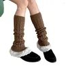 Women Socks Ruffled Lace Hem Leg Cover Long Twist Cable Knit Slouch Warmer