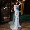 Ethnische Kleidung Frauen Sparkly Stilvolle Bankett Himmelblau Chinesische Ballkleider Sexy Fischschwanz Abend Partykleid Schleppende Pailletten Robe De Feata