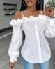 Women's Blouses Sexy Elegant Shirt For Women 2024 Spring Summe Casual Fashion Long Sleeve Ruffle Hem Buttoned Off Shoulder Top