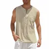 herrtankstoppar solid färg Cott Linen skjortor Tie-in Collar AreVel Shirts Summer V-Neck Vest Breattable Casual Simple Tops K8JG#