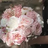 Fleurs de mariage JaneVini poussiéreux rose coréen Bouquets de mariée ruban poignée artificielle soie Roses Bouquet accessoires pour mariée