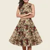 Casual Jurken Retro Hof Bloemen Gedrukt Zomerjurk Voor Vrouwen Vintage Mouwloze Party Big Swing Vestidos Dames Geplooide Midi