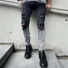 Jeans casual da uomo in denim con cerniera sottile buco nero dipinto pantaloni a matita elasticizzata bianca jeans strappati per uomo dritto a figura intera R5AH #