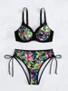 Damesbadmode met bloemenprint, beugelbikiniset, push-up vrouwelijk badpak, zwarte rand, damesbadpak met hoge taille en trekkoord, zwemmen