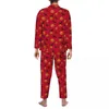 Startseite Bekleidung Halloween-Pyjamas für Herren, roter Kürbis und Fledermaus, bequeme Nachtwäsche, Herbst, 2-teilige Vintage-Pyjama-Sets in Übergröße