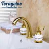 Banyo Lavabo muslukları Torayvino musluk seramik altın havza robinet salle de bain çift kollu güverte montajı soğuk su mikseri