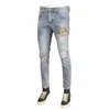 Street Fi Men Jeans Retro jasnoniebieski Slim Fit Stretch Ripped Dżinsy Mężczyzny Patches Designer Hip Hop Denim Pencil Pants Hombre U1YB#