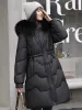 Jaqueta feminina para baixo inverno nova gola de pele com capuz comprimento médio parkas coreano fi casual solto espessamento quente para baixo casacos cott i3dq #