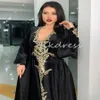 Traditional Black Moroccan Evening Dresses 2024 Sexy V Neck Long Sleeve Dubai Arabic Prom Dress Elegant Floor Length Satin Kaftan Abaya Formal Party Dress Vestios