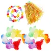 Decorative Flowers Hawaiian Leis Luau Headband Dress 5pcs Tropical Flower Crown Grass Dance Skirt Headpiece Wristbands Thicker Necklace