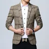 fi Plaid Men's Blazers Autumn Single Butt Blue Khaki Gray Young Man Clothing Casual Busin Slim Fit Male Suits Jacket u0eC#