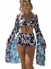 Verband Hohe Taille Bikini Set Cover Up Badeanzug Für Frauen Push Up Lg Hülse Drei Stücke Bademode Strand Badeanzüge y22M #
