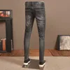 fi streetwear heren jeans retro zwart grijs elastische slim fit gescheurde jeans heren vintage designer denim potlood broek hombre l6Gh #