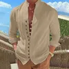 spring and Summer 100% Cott Linen Men's Lg Sleeved Shirts Solid Color Stand Collar Casual T-shirt Plus Size Men's Clothing 23GT#