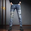 FI män jeans svart rippade lapptäckbyxor raka ben lappar jean streetwear casual slim fit denim byxor c8tc#
