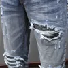 High Street Fi Männer Jeans Retro Blau Stretch Skinny Fit Zerrissene Jeans Männer Leder Patched Designer Hip Hop Marke Hosen hombre s8pM #