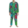 Accueil Vêtements Pyjamas Mâle Drôle Feuilles De Palmier Nuit Vêtements De Nuit Rayures Noires Et Blanches Fleur Rouge Ensemble De Pyjama Deux Pièces Costume Surdimensionné Chaud