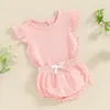 Set di abbigliamento Neonata Neonata 2 pezzi Abiti estivi Completo in lino di cotone Tinta unita T-shirt girocollo e pantaloncini