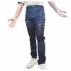 Fi Homme Jeans Slim Fit Design Hip Hop Hommes Jeans All-match Biker Ripped Casual Lg Pantalon Raggedy Genou Trou Denim Pantalon u54y #