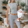 Zweiteilige Damenhose, 2 Lounge-Sets, einfarbig, Rundhalsausschnitt, kurzes Oberteil, Basic-Stil, Pyjama, niedrige Taille, Yoga-Sport-Outfit