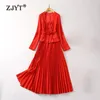 Повседневные платья ZJYT, миди с длинным рукавом, плиссированные для женщин, элегантное лоскутное весеннее платье с бантом и оборками, 2024, красное, черное, для праздничной вечеринки, Vestidos