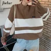 Women's Hoodies Sweatshirts Jielur Spell Color Stripe Sweatshirt Women Autumn Street Cool Loose Pullover Zipper Female White Black Gray S-L Size 24328