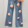 Jeans pour femmes Mode 3D Décoration florale Taille haute 2024 Printemps Produits européens Pantalons à jambes larges droites pour femmes