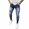 Mannen Hip Hop Splicing Gaten Blauw Biker Skinny Jeans Goede Kwaliteit Mannelijke Street Style Cott Stretch Denim Broek 107Y #