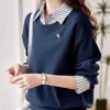 Womensspring Autumn Striped Patchwork Pullover Turndown Collar Solid Rivet Button Långärmad tshirt Hoodies Sports Tops 240315