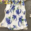 Casual Dresses Elegant White Blue Printed Pleated A-Line Dress Fall/Winter 2024 Women's Fashion European Style Slim Bodycon Party