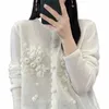 new 100% Wool Cardigan Women's Heavy Industry 3D Hooked Round Neck Thin Sweater Coat Casual Loose Knit Women's cardigan sweater E9V8#