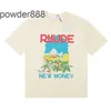 2023ss Fashion Rhude Castle Coconut Tree Window Sill Scenery Double Yarn Pure Cotton Casual Loose Short Sleeved T-shirt for Men and Women