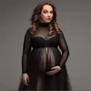 High Neck Stretchy Mesh Maternity Pography Tulle Dress Full Sleeve See Through Pregnancy Maxi For Poshoot 240321