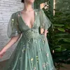 Party Dresses Embroidery Prom Green Puff Sleeves A-Line Long Lace Wedding Gowns Open Back Tulle Evening Dress
