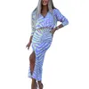 Casual Dresses 2024 Party Women V-neck Long Sleeve Dress Striped Print High Waist Front Split Hem Office Lady Midi Vestido Workwear