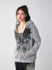 여성용 후드 땀 셔츠 여성 대형 zip 빈티지 날개를 인쇄하는 긴 소매 재킷 주머니 240328