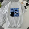 Vincent van Gogh Starry Gece Sevimli Kedi Erkekler Pamuk Kısa Kollu Crewneck Sıradan Üstler Yaratıcı Büyük Boy Kısa Kollu Mans Giyim Y68S#