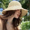 Wide Brim Hats Korean Version Of Large Summer Woven Straw Hat Women's Seaside Vacation Sunshade Small Flower Sweet Foldable Sun Cap