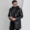 Winter Faux Leder Herren Daunenjacke mit Kapuze Lg Sleeve Cardigan Reißverschlusstaschen Schwarz Solide Dicke Vogue Casual Daunenjacke W2Fo #