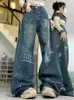 Damesjeans UETEEY Damesspijkerbroek Chic Mop Painted Y2K Washed High Streets Wijde pijpen Losse mode Volledige lengte broek