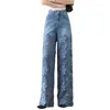 Women's Jeans Fashion Spring Summer High-Waist Openwork Lace Stitching Denim Wide-Leg Pants Female Straight Trousers