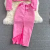 Herfst Vrouwen Roze Denim Sets Revers Lg Mouw Korte Denim Jas Hoge Taille Denim Rok Koreaanse Vrouwelijke Tweedelige Set streetwear E2wI #