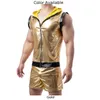 Mens Gold Shiny Tight Leather Tank Tops Boxer Briefs Shorts Clubwear Set Suit Nightclub Stage Party Jackets Costume Streetwear 240326