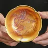 Koppar Saucers Chinese Dragon och Phoenix Gilded Gold Jianzhan Sheep Fat Jade Porcelain Master Cup Petal Tea Bowl Luxury Present Collection